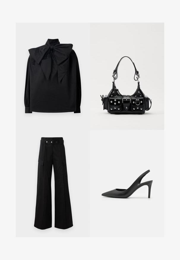 Musta pitkähihainen paita, jossa on korkea kaulus ja suuri, korostettu solmu kauluksessa, esiteltynä yksinkertaisella valkoisella taustalla.; Mustat leveälahkeiset housut, joissa on korkea vyötärö, suuret sivutaskut, kaksi etunappia ja silmukkayksityiskohta. Valmistettu kestävästä kankaasta.; Musta nahkainen slingback-korkokengät, joissa on terävä kärki, etuosassa leikkaus ja ohut stiletto-korko.; Musta nahkainen käsilaukku, jossa on kaareva muotoilu, hopeiset niitit, solki ja kaksi sivutaskua. Säädettävä olkahihna erilaisiin kantovaihtoehtoihin.