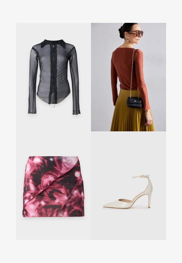 Chemise noire transparente à manches longues avec un col pointu, présentant une fermeture à lacets à l'avant et une texture froncée sur les côtés.; Jupe courte et ajustée dans un motif floral noir et rose. Fabriquée en matière lisse et extensible avec un design enroulé diagonalement et un ourlet cousu.; Chaussure à talon haut en cuir blanc avec un bout pointu, une bride de cheville et un talon aiguille fin. Texture lisse avec une finition légèrement brillante.; Vivienne Westwood SMALL PURSE CHAIN - Sac bandoulière - black