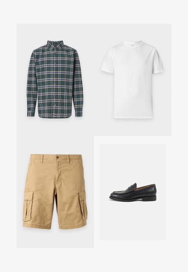 Cămașă flanelată verde cu un model tartan, având linii albastre, albe și galbene muștar. Închidere cu nasturi în față și guler ascuțit. Mâneci lungi.; Tricou alb cu mânecă scurtă, confecționat din bumbac moale. Are un guler rotund și un tiv drept, cu detalii minime.; Pantaloni scurți cargo de culoare bej, confecționați din bumbac ușor, cu două buzunare laterale mari, închidere cu buton și oase pentru curea. Textură netedă.; Mocasini din piele neagră cu o finisare netedă, vârf rotund și cusături decorative pe partea superioară. Toc mic și stivuit, cu o ușoară strălucire.
