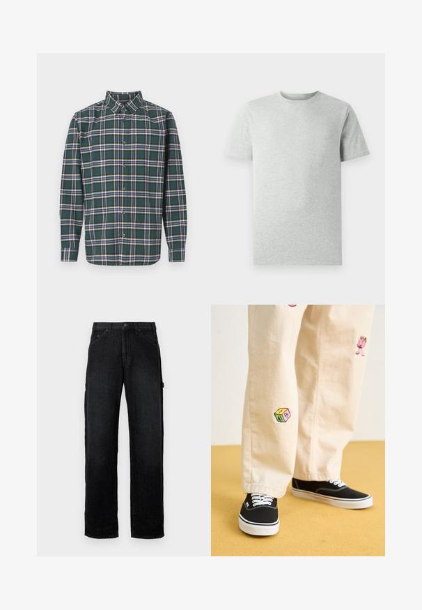 Žalias flanelinis marškinis, puoštas plaidiniu raštu su mėlynomis, baltomis ir garstyčių geltonumo linijomis. Mygtukais užsegama priekinė dalis ir smailas apykaklė. Ilgos rankovės.; Šviesiai pilka trumpomis rankovėmis marškinėliai su apvaliu kaklu, pristatyti baltoje fone, matomi iš priekio, be jokių matomų logotipų ar dizaino.; Juodos džinsinės kelnės su tiesiomis kojomis, turinčios priekinius kišenes, mygtuko užsegimą ir šonines kišenes papildomam saugojimui.; Bežinės medvilninės kelnės su žaismingais siuvinėjimais, įskaitant rožinį personažą ir spalvotą bloką, derinamos su juodais bateliais su raišteliais.