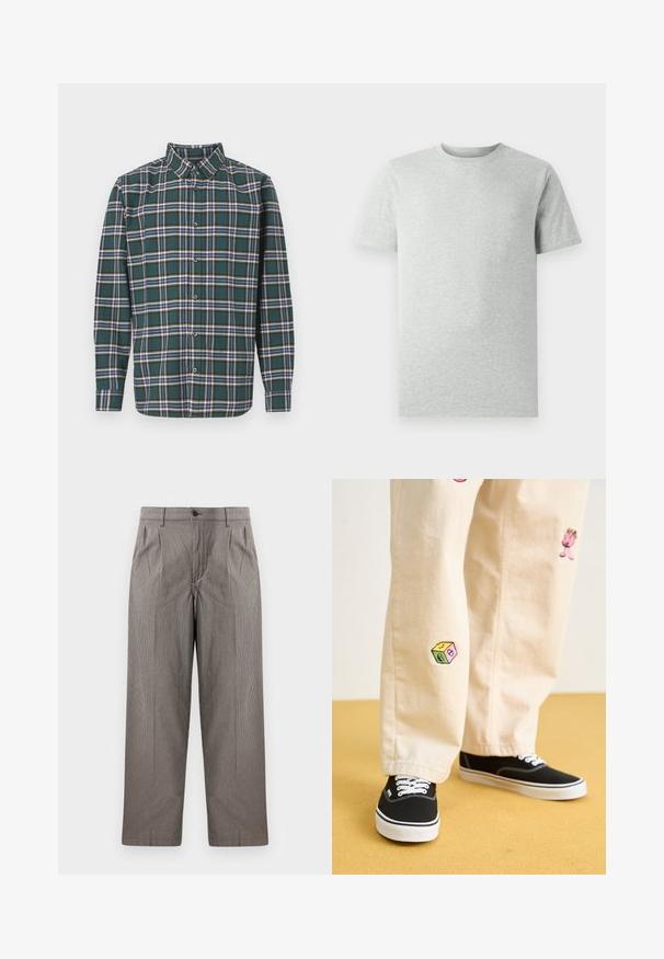 Zöld flanel ing, kockás mintázattal, amely kék, fehér és mustár sárga vonalakból áll. Gombos elülső rész és hegyes gallér. Hosszú ujjak.; Egyszerű világosszürke, rövidujjú, kerek nyakú póló, fehér háttéren, elölnézetből, látható logók vagy minták nélkül.; Szürke hounds-tooth mintás nadrág, egyenes fazonnal, redőkkel, gombos derékrésszel és oldalsó zsebekkel.; Beige pamut nadrág játékos hímzett mintákkal, beleértve egy rózsaszín karaktert és színes blokkot, fekete fűzős tornacipővel párosítva.