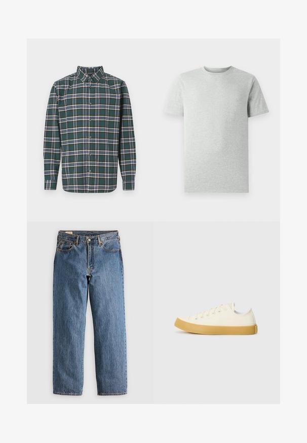 Groene flanellen shirt met een ruitpatroon met blauwe, witte en mosterdgele lijnen. Met knopen aan de voorkant en een puntige kraag. Lange mouwen.; Effen lichtgrijze T-shirt met korte mouwen en ronde hals, weergegeven op een witte achtergrond, frontaanzicht zonder zichtbare logo's of ontwerpen.; Blauwe denim jeans met een rechte snit, met een hoge taille, koperen klinknagels en oranje stiksels. Voor- en achterzakken inbegrepen.; Canvas sneakers in off-white met een ronde neus, voorzien van beige rubberen zolen en vijf oogjes voor veters, met een gestructureerde afwerking op de bovenkant.