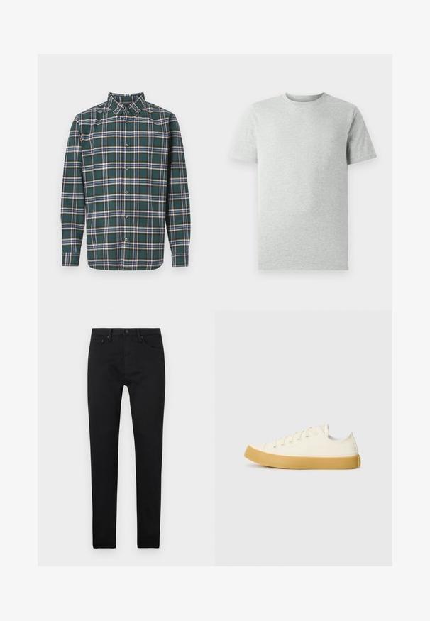 Camisa de franela verde con un patrón a cuadros que presenta líneas en azul, blanco y amarillo mostaza. Con botones en el frente y cuello puntiagudo. Mangas largas.; Camiseta de corte clásico de manga corta en gris claro liso, mostrada sobre un fondo blanco, vista frontal sin logotipos ni diseños visibles.; Jeans ajustados negros con cinco bolsillos, cierre de botón y trabillas para cinturón, exhibidos sobre un fondo blanco liso.; Zapatillas de lona en color blanco roto con punta redonda, que cuentan con suelas de goma beige y cinco ojetes para los cordones, acabado texturizado en la parte superior.
