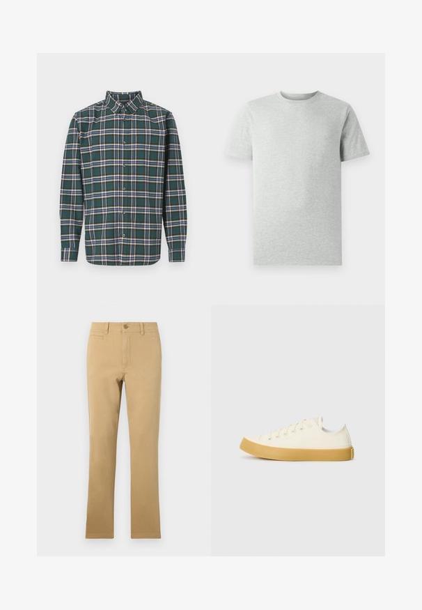 Camisa de flanela verde com um padrão de xadrez apresentando linhas azuis, brancas e mostarda. Frente com botões e colarinho pontudo. Mangas compridas.; T-shirt de manga curta de cor cinza claro, com decote redondo, exibido sobre um fundo branco, vista frontal, sem logótipos ou designs visíveis.; Calças retas de cor caqui, feitas de algodão, com fecho de botão, bolsos frontais e uma textura suave.; Sapatilhas de tela em off-white com biqueira redonda, apresentando solas de borracha bege e cinco ilhós para atacadores, acabamento texturizado na parte superior.