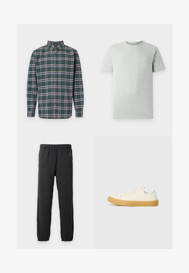 Groene flanellen shirt met een ruitpatroon met blauwe, witte en mosterdgele lijnen. Met knopen aan de voorkant en een puntige kraag. Lange mouwen.; Effen lichtgrijze T-shirt met korte mouwen en ronde hals, weergegeven op een witte achtergrond, frontaanzicht zonder zichtbare logo's of ontwerpen.; Grijze sweatpants van zacht materiaal, met een elastische tailleband en taps toelopende benen met elastische boorden. Subtiele logo-detail op een been.; Canvas sneakers in off-white met een ronde neus, voorzien van beige rubberen zolen en vijf oogjes voor veters, met een gestructureerde afwerking op de bovenkant.