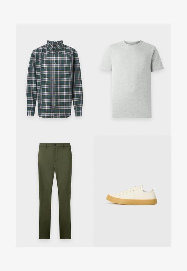 Green flannel shirt with a plaid pattern featuring blue, white, and mustard yellow lines. Buttoned front and pointed collar. Long sleeves.; Plain light gray short-sleeve crew neck T-shirt displayed on a white background, front view with no visible logos or designs.; Olive green pants made of a smooth fabric, featuring a straight cut, front pockets, and a single button closure. Minimalist design details.; Canvas sneakers in off-white with a round toe, featuring beige rubber soles and five eyelets for laces, textured finish on the upper.
