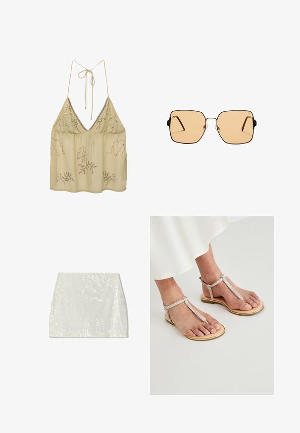 Béžový šifonový top s hlubokým V-výstřihem, nastavitelnými šňůrkami na zadní straně a stříbrnými korálkovými ozdobami ve květinových vzorech. Lehký a průhledný.; Bershka Áčková sukně - white; Ploché sandály mají světlou opálenou koženou podrážku se zlatým lemováním. Popruhy jsou stříbrné s texturovaným povrchem a upevňují se na kotníku.; Čtvercové sluneční brýle s hnědými skly a tenkým černým kovovým rámem. Mají šikmé stranice a nastavitelná nosní polštářky pro pohodlí.