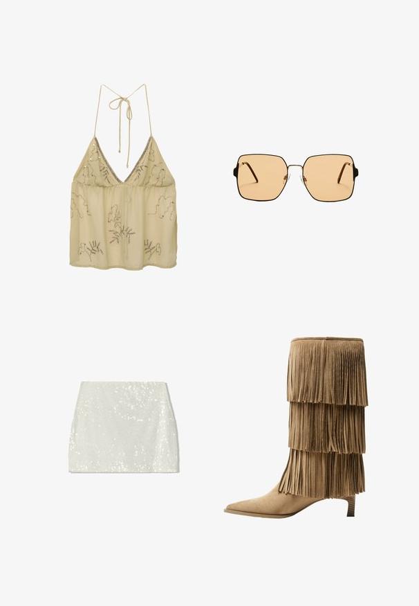 Beige chiffongblus med djup V-ringning, justerbara band på baksidan och silverpärlprydnader i blommönster. Lätt och genomskinlig.; Bershka A-linjekjol - white; Fransankelboot i tan mocka med tre lager av fransar. Spetsig tå och en låg blockklack. Slät textur genomgående.; Fyrkantiga solglasögon med bruna linser och en tunn svart metallram. Har vinklade skalmar och justerbara näsdelar för ökad komfort.