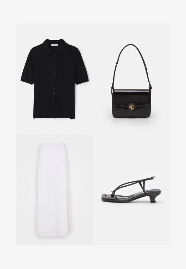 Cardigan noir à manches courtes en tissu doux, avec un col pointu, une fermeture à boutons et un logo discret sur la manche.; Jupe maxi blanche en tissu léger avec une texture lisse, présentant un design simple en A et sans embellissements visibles.; Sandal en cuir noir avec des fines lanières, un petit talon carré et un bout carré. Dispose d'une fermeture à boucle et d'une texture lisse.; Sac à main en cuir noir de forme rectangulaire, avec des accessoires en or, un rabat à l'avant et un accent avec un logo circulaire. Equipé d'une seule bandoulière ajustable.; Boucles d'oreilles en perles argentées avec une forme incurvée en haricot. Surface lisse et brillante, maintenues par une fermeture à tige et à dos.