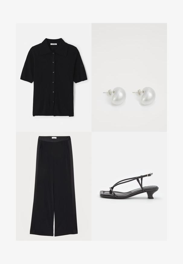 Zwarte kortemouwen cardigan van zachte stof, met een puntige kraag, knoopsluiting en subtiele merkbranding op de mouw.; Zwarte bredere instapbroek van gladde stof, met een vlakke tailleband, plooien en zijzakken. Strakke lijnen met minimale details.; Zwarte leren sandaal met dunne banden, lage blokhak en vierkante neus. Heeft een gespsluiting en een zachte textuur.; Zilveren pareloorbellen met een gebogen, boonvorm. Glad, glanzend oppervlak en bevestigd met een post en achterkantsluiting.