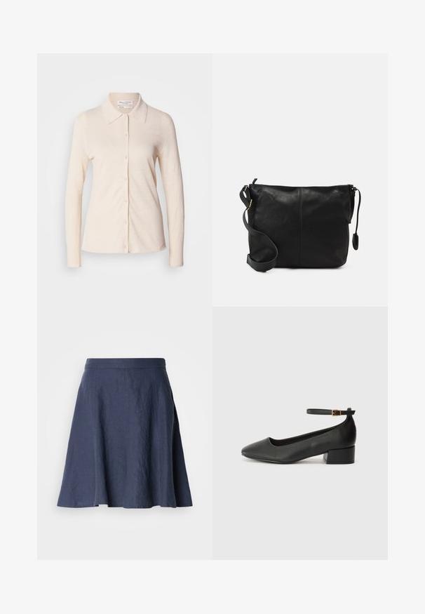 Light beige long-sleeve shirt made from linen, featuring a collar and a button-down front with a smooth texture and simple design.; Navy blue linen skirt with a flared design, lightweight texture, mid-length cut, and stitched detailing along the seams.; Black leather pump with a pointed toe and a low block heel. Features an ankle strap with a gold-tone buckle. Smooth texture.; Black leather crossbody bag with a flat shape, gold hardware accents, and an adjustable strap. Smooth texture with minimal stitching details.