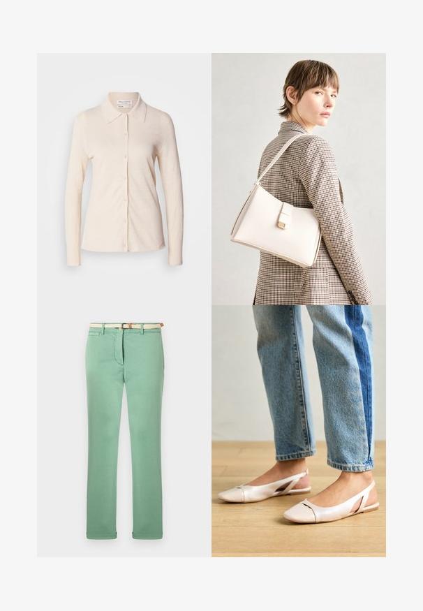 Világos bézs színű, hosszú ujjú ing, lenből készült, gallérral és gombos elejével, sima textúrával és egyszerű dizájnnal.; Világoszöld, pamutból készült nadrág, egyenes szárú fazonnal, szőtt bézs övvel és elülső zsebekkel. Simaság jellemzi, minimalista varrással.; Világos rózsaszín slingback laposlábú cipők, hegyes orral, sima bőrhatású anyagból készült. Oldalt kivágott részletek találhatók rajta, valamint lapos sarkú.; Fehér bőr táska strukturált dizájnnal, mágneses záródással és vállpánttal, semleges háttér előtt bemutatva.