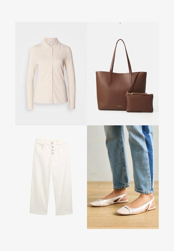 Gai bēšas krāsas ilgām piedurknēm krekls, kas izgatavots no lina, ar apkakli un pogājamu priekšpusi, tam ir gluda tekstūra un vienkāršs dizains.; Baltas platās kājas džinsi ar piecu pogu aizdari, priekšējām kabatām un gludu tekstūru. Taisnas kājas ar tīrām apakšmalām un izsmalcinātiem šuvju detalizējumiem.; Bālti rozā siksniņu dzīvokļi ar smailu purngalu, izgatavoti no gludas ādas līdzīgās materiāla. Iezīmē izgriezumu detaļas sānos un platu papēdi.; Brūns mākslīgās ādas somiņa ar divām garām rokturiem un atbilstošu mazu maciņu. Virsma ir ar strukturētu rakstu un zelta aksesuāriem.