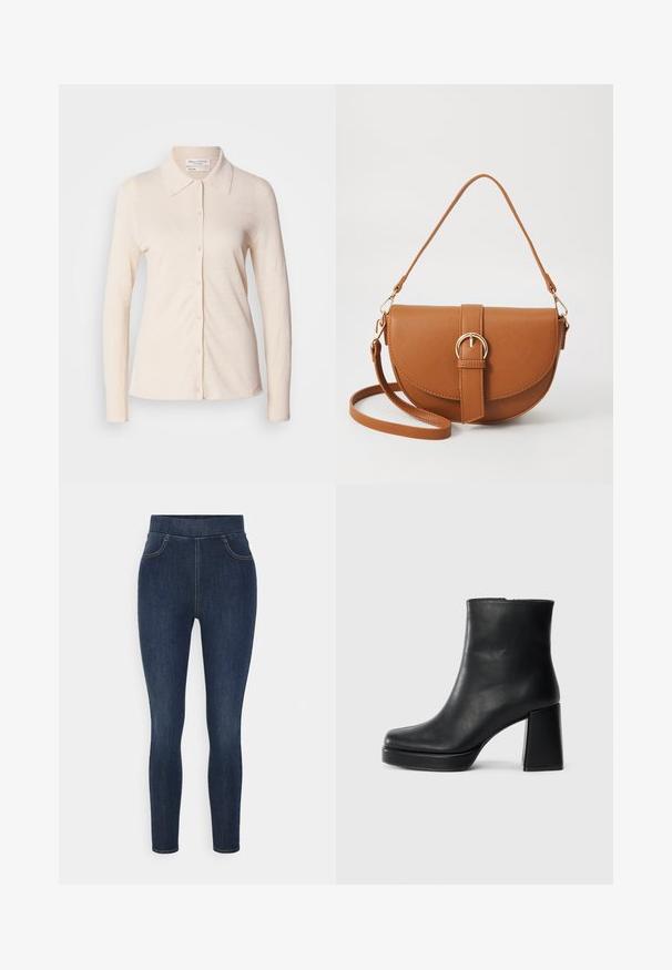 Light beige long-sleeve shirt made from linen, featuring a collar and a button-down front with a smooth texture and simple design.; Dark blue denim jeggings featuring a high waistband, slim fit, and subtle fading. Includes front pockets and a smooth, soft texture.; Black leather ankle boot with a block heel and platform sole, viewed from the side on a plain white background.; Brown leather crossbody bag with a curved shape, gold hardware, and a buckle accent. Features a detachable shoulder strap.