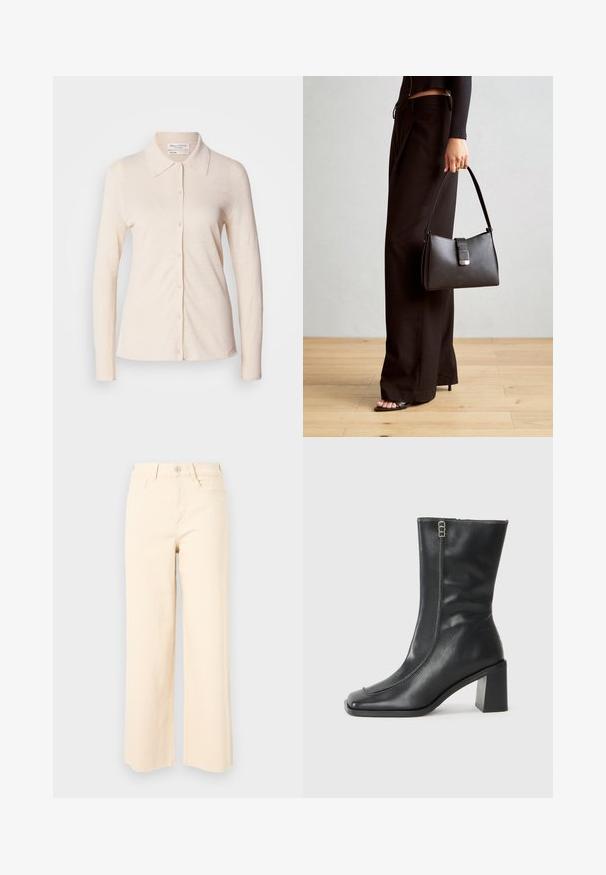 Light beige long-sleeve shirt made from linen, featuring a collar and a button-down front with a smooth texture and simple design.; Beige wide-leg jeans made of cotton, featuring a high waist, a button closure, and two front pockets with a smooth, textured finish.; Black leather ankle boot with a square toe, side zipper, and chunky, square heel. Features contrast stitching along the front seam.; Black handbag with structured shape, smooth texture, and a metallic clasp. Paired with wide black pants and open-toe sandals on wooden floor.