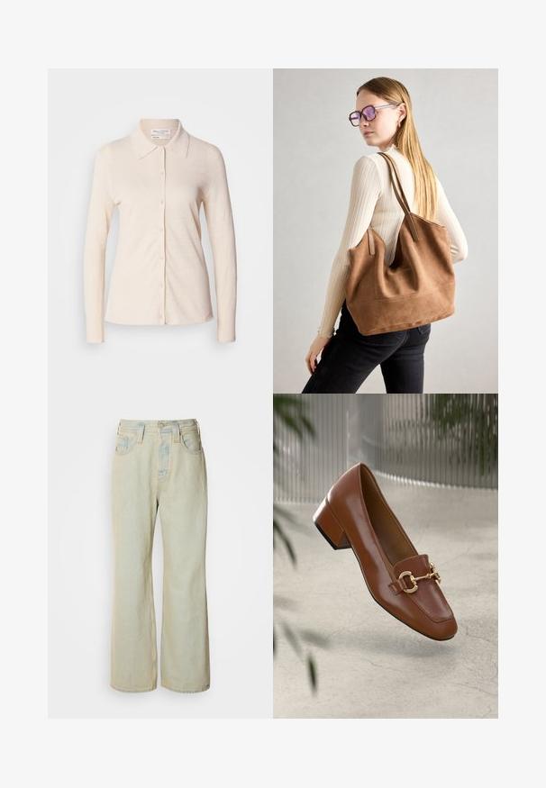 Világos bézs színű, hosszú ujjú ing, lenből készült, gallérral és gombos elejével, sima textúrával és egyszerű dizájnnal.; Világoskék, bővített szárú farmernadrág, magas derékkal, öt zsebbel, finom fakulással és kontrasztos varrásokkal.; Barna lakkbőr loaferek négyzet alakú orral, fém lánc díszítéssel és alacsony blokk sarkú kialakítással; sima textúra, minimalista design.; Barna velúr vászontáska puha textúrával, nagy nyílással és hosszú pántokkal. Egyszerű dizájnnal rendelkezik, látható varrással és nincs rajta fém alkatrész.