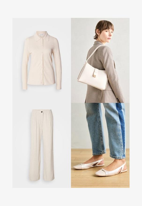 Gai bēšas krāsas ilgām piedurknēm krekls, kas izgatavots no lina, ar apkakli un pogājamu priekšpusi, tam ir gluda tekstūra un vienkāršs dizains.; Gai beige platas kājas bikses ar vertikālām svītrām, elastīgu jostasvietu un pogu aizdari. Izgatavotas no teksturēta auduma, kas nodrošina brīvu un ērtu piegriezumu.; Bālti rozā siksniņu dzīvokļi ar smailu purngalu, izgatavoti no gludas ādas līdzīgās materiāla. Iezīmē izgriezumu detaļas sānos un platu papēdi.; Balta ādas rokassoma ar strukturētu dizainu, kurai ir magnētiska aizdare un plecu josta, parādīta uz neitrāla fona.