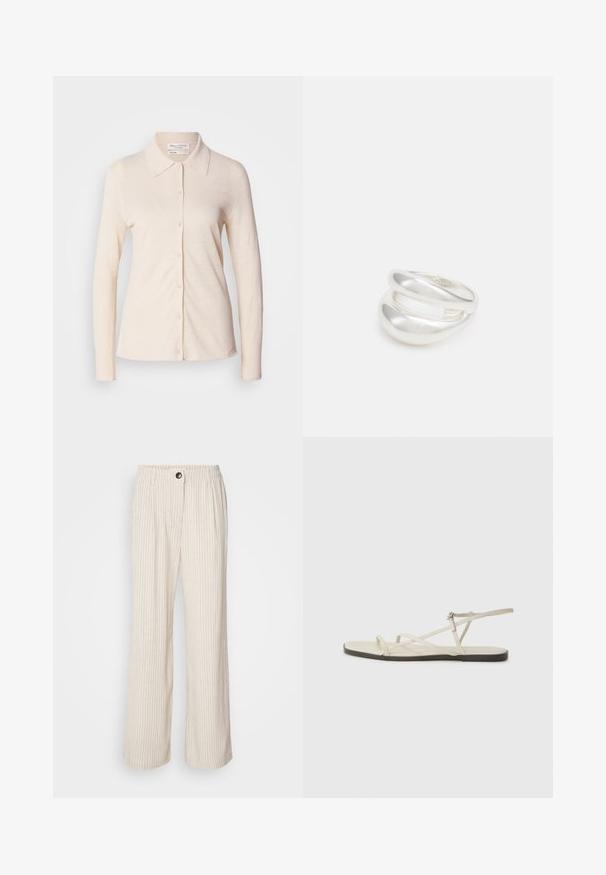 Gai bēšas krāsas ilgām piedurknēm krekls, kas izgatavots no lina, ar apkakli un pogājamu priekšpusi, tam ir gluda tekstūra un vienkāršs dizains.; Gai beige platas kājas bikses ar vertikālām svītrām, elastīgu jostasvietu un pogu aizdari. Izgatavotas no teksturēta auduma, kas nodrošina brīvu un ērtu piegriezumu.; Bežīgas plakanas čības ar vairākiem plāniem siksniņām un regulējamu sprādzi. Zole ir plakana ar nelielu tumšu kontrastu malā.; Sudraba divu joslu gredzens ar gludu, pulētu virsmu. Iezīmējas ar plūstošu, izliekta dizaina struktūru ar pārklājošām sekcijām modernam izskatam.