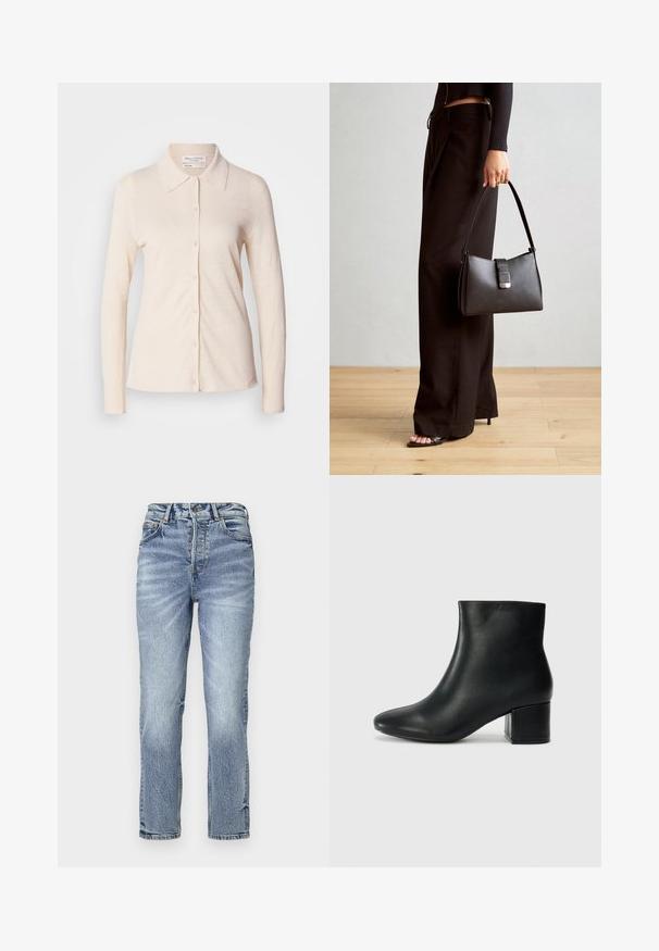 Svijetlosmeđa košulja dugih rukava od lana, s ovratnikom i dugmadi na prednjem dijelu, glatke teksture i jednostavnog dizajna.; Svijetloplave traperice sa ravnim krojem, visokim strukom, izblijeđenom teksturom i pet džepova. Sadrži metalni gumb i zatvarač.; Crne kožne čizme do članaka s uskim vrhom i debelim potplatom. Glatka tekstura s minimalnim detaljima i elegantan, prilagođen dizajn.; Crna torba s oblikom koji sadrži strukturu, glađu teksturu i metalnu kopču. Uparena s širokim crnim hlačama i sandalama na otvorenom s drvenog poda.