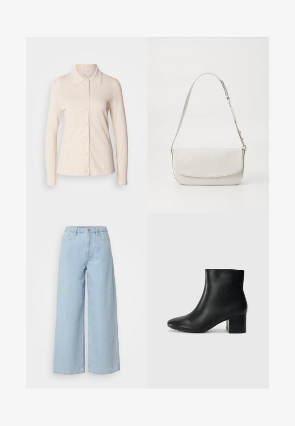 Helebeige pika varrukaga särk, mis on valmistatud linast, featuring kaelus ja nööbid ees, millel on sile tekstuur ja lihtne disain.; Heledad sinine laia jalgadega teksapüksid, mis on valmistatud denimist, ulatudes nööbi ja luku sulgemiseni, kahe esipocketiga ja puhta, viimistletud äärega.; Mustad nahast pahkluu saapad terava varbaga ja jämeda kandaga. Sile tekstuur minimaalse aktsentidega ja stiilne, lihvitud disain.; Valge nahast õlavarre kott, millel on sile viimistlus, ristkülikukujuline kuju, klapiga sulgemine ja reguleeritav rihm. Lihtne tikand
