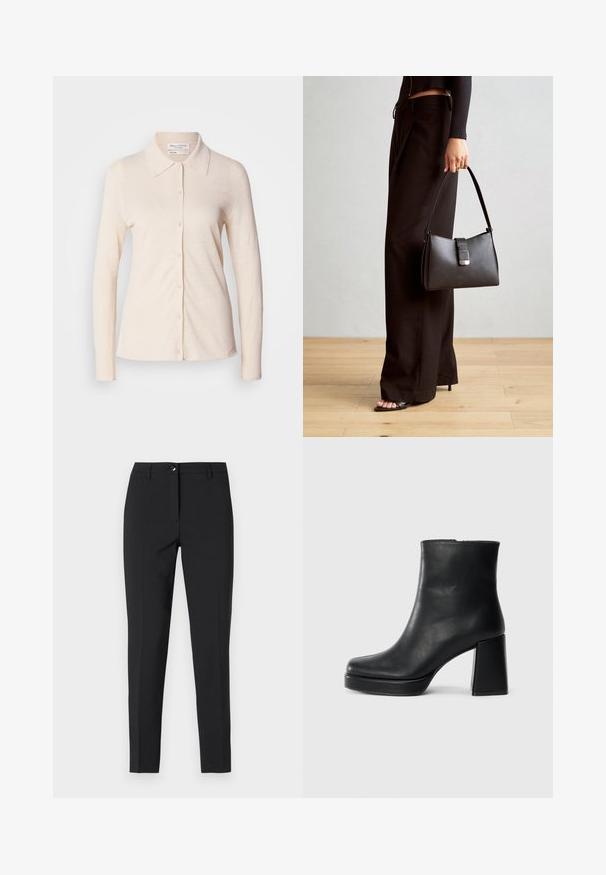 Gai bēšas krāsas ilgām piedurknēm krekls, kas izgatavots no lina, ar apkakli un pogājamu priekšpusi, tam ir gluda tekstūra un vienkāršs dizains.; Melnas piegrieztas bikses no gludas auduma, ar klasisku jostasvietu, priekšējo rāvējslēdzēju un sānu kabatām eleganti izsmalcinātā dizainā.; Melna ādas potīšu zābaku ar bloku papēdi un platformas zoli, skatīts no sāna uz vienkārša balta fona.; Melnā somiņa ar strukturētu formu, gludu tekstūru un metālu sprādzi. Saskaņota ar platām melnām biksēm un sandālēm ar atvērtu purngalu uz koka grīdas.