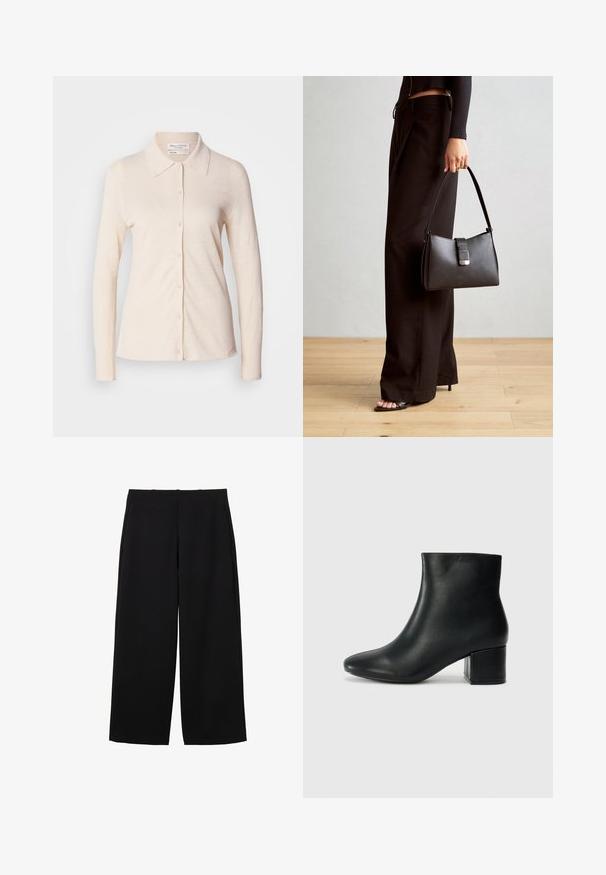 Light beige long-sleeve shirt made from linen, featuring a collar and a button-down front with a smooth texture and simple design.; Black wide-leg trousers made of a textured fabric with a high waist, featuring front pleats and a clean design. No visible pockets or hardware.; Black leather ankle boots with a pointed toe and a chunky heel. Smooth texture with minimal accents and a sleek, fitted design.; Black handbag with structured shape, smooth texture, and a metallic clasp. Paired with wide black pants and open-toe sandals on wooden floor.