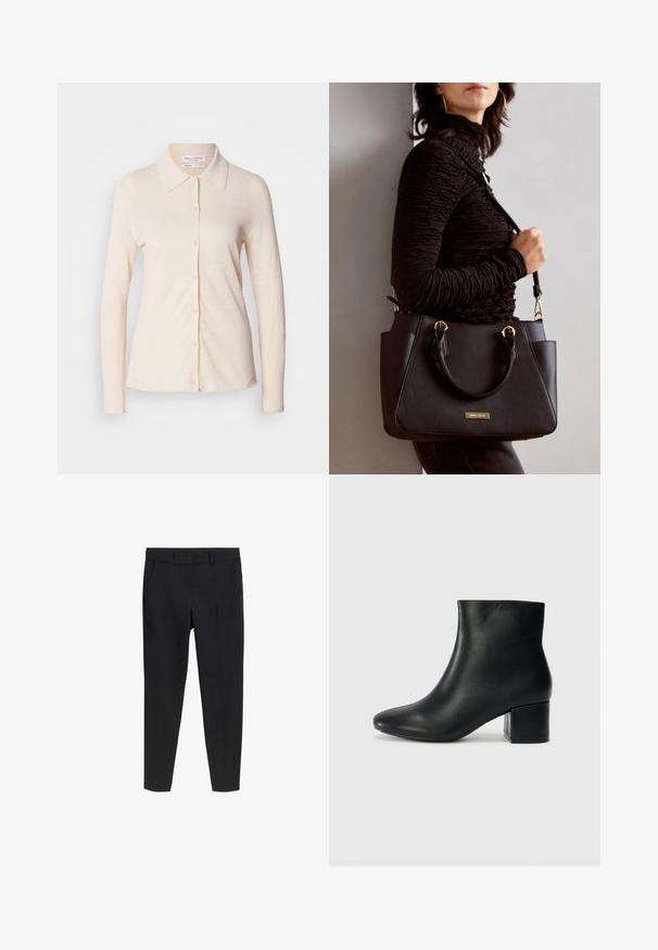 Light beige long-sleeve shirt made from linen, featuring a collar and a button-down front with a smooth texture and simple design.; Black tailored slim-fit ankle-length trousers with belt loops and front pockets on a white background.; Black leather ankle boots with a pointed toe and a chunky heel. Smooth texture with minimal accents and a sleek, fitted design.; Black handbag with textured surface, dual top handles, and adjustable shoulder strap. Features gold-tone hardware and side pockets.