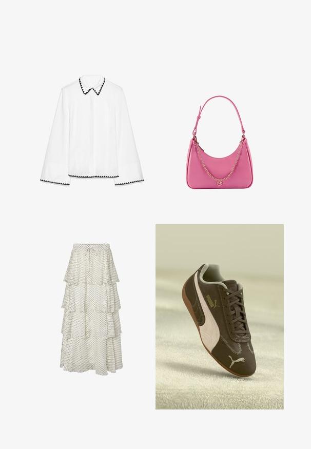 Vit långärmad blus med figurnära design. Svart vågig kant längs kragen och ärmsluten, med en knappslå framtill.; Lagererad vit kjol med svarta prickar, med elastisk midja och dragsko. Flödig tyg med volangslut.; Brun Puma-sneaker med beige rand och logotyp, snörad, vilande på en texturerad beige yta.; Rosa syntetisk axelväska med en böjd form, slät yta, avtagbar kedjesnodd och en cirkulär logotypdetalj på framsidan.; Silverhänge med en slät, polerad yta. Har en unik oval form och en säker låsdesign. Märkt "925" för sterlingsilver.