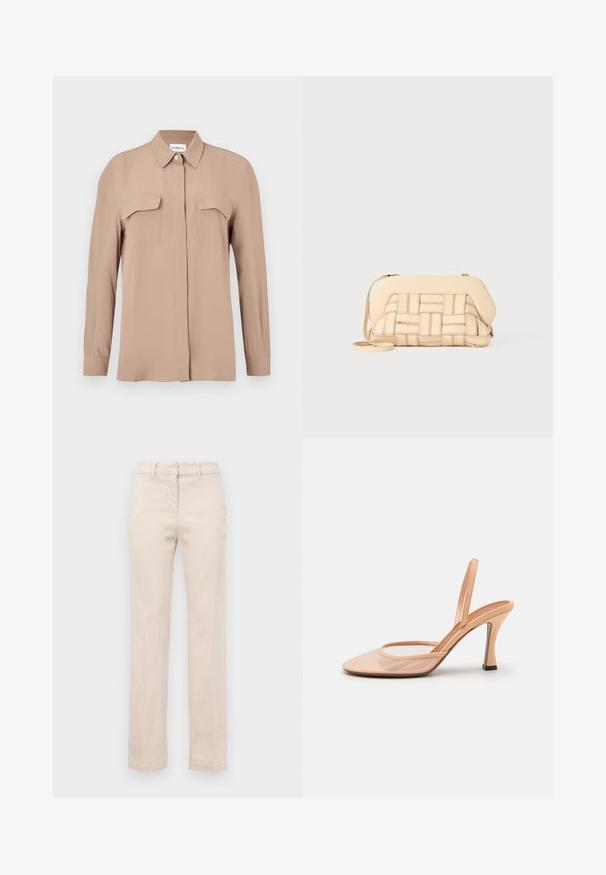 Beezh pikkade varrukatega pikkade nööpidega särk kergest kangast. Omab kahte rinnataskut ja klassikalist kraestikku, sirge lõike ja minimalistliku disainiga.; Beige puuvillased püksid, millel on kohandatud istuvus, sirged sääred, eesmine lukuga sulgemine ja sile tekstuur. Omab traditsioonilisi vööringe.; Nude värvi silmadega slingback kontsad, millel on terav varvas, õhuke pahkluu rihm ja stilettokonts, mille alusel on must aktsent.; Kootud beež käsipaga, millel on struktureeritud disain, sile ülemine osa ja pikk rihm. Tekstureeritud detailid tõstavad eseme üldilmet.