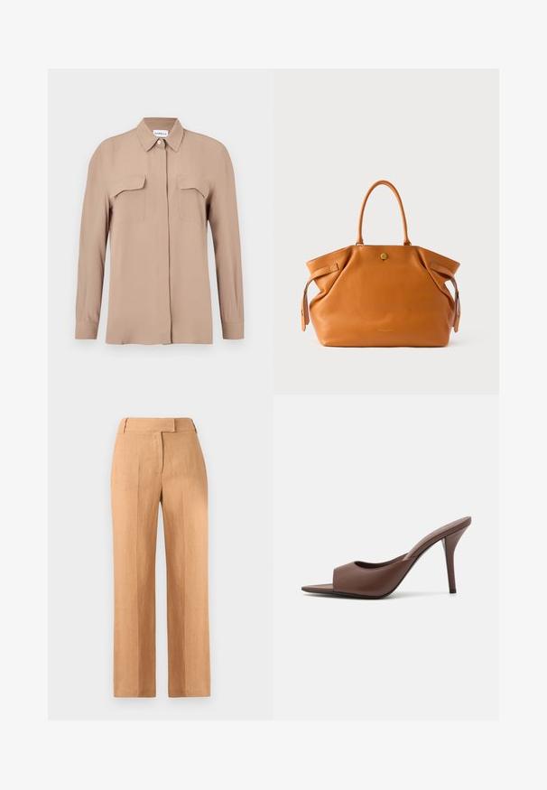 Beige long-sleeve button-up shirt in a lightweight fabric. Features two chest pockets and a classic collar, with a straight cut and minimal design.; Light brown linen trousers with a straight cut, two front pleats, and a flat waistband. No visible pockets or hardware details.; Brown leather open-toe high-heeled mules with a sleek design, featuring a wide front strap and a slender stiletto heel.; Tan leather tote bag with two sturdy handles, a top zip closure, and side accents. Features a textured surface and a gold emblem at the front.