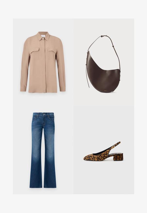 Ilgas smėlinės spalvos marškiniai su sagomis, pagaminti iš lengvos medžiagos. Turi dvi krūtinės kišenes ir klasikinį apykaklę, tiesų kirpimą ir minimalistinį dizainą.; Tamsiai mėlynos džinsinės kelnės su platėjančiomis kojomis, pasižyminčios lygiu paviršiumi, penkių kišenių dizainu, priekinio mygtuko užsegimu ir subtiliu nudilimu netoli apačios.; Moters leopardų rašto bateliai su žemu bloku įkulniu ir auksine sagtimi šone, parodyti šoniniame profilyje ant vientisos fono.; Ruda odinė rankinė, turinti kreivą formą, vieną diržą ir minimalistinį dizainą. Sukurta su subtiliu logotipu ir auksiniais detalėmis.