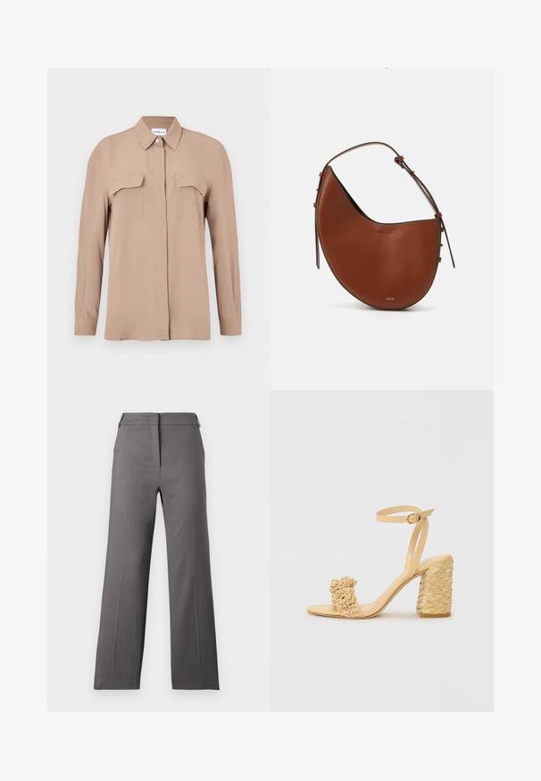Beige langærmet skjorte med knapper i letvægtsstof. Har to brystlommer og en klassisk krave, med lige snit og minimalistisk design.; Grå bukser med bred ben, fremstillet i et glat materiale, med flad front, lynlås lukning og minimal udsmykning. Skræddersyet til en afslappet pasform.; Beige høje hæle sandaler med en fletstruktur, der har en dekorativ blomst og ankelrem. Det firkantede hæl giver stabilitet.; Brun læder skuldertaske med en halvmåneform, slank brun rem og subtile detaljer i guld hardware. Har en glat overflade og minimal syning.