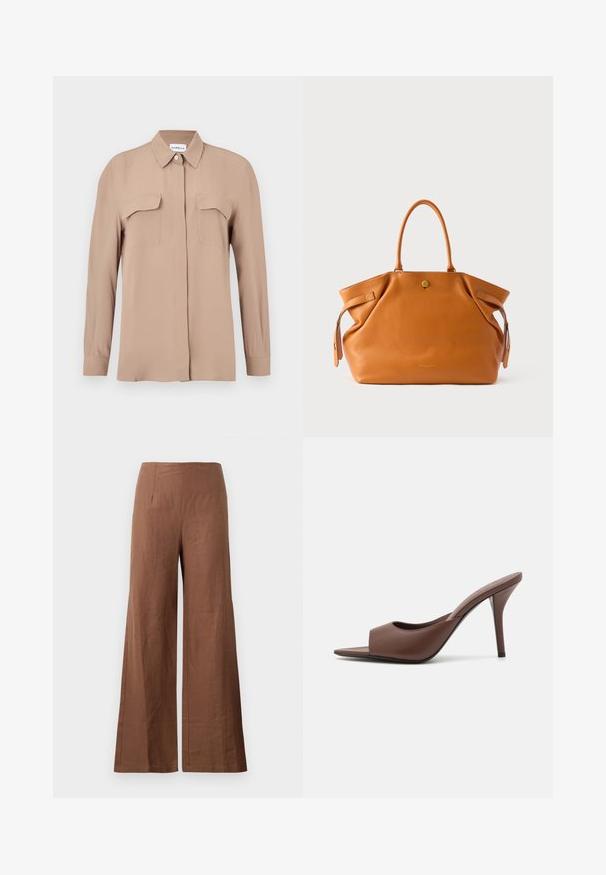 Beezh pikkade varrukatega pikkade nööpidega särk kergest kangast. Omab kahte rinnataskut ja klassikalist kraestikku, sirge lõike ja minimalistliku disainiga.; Pruunid laiad püksid, mis on valmistatud tekstureeritud kangast. Need on kõrge vöökoha ja kahe esimesed voldid, otse voolavate jalgadega.; Pruunid nahast avatud varvastega kõrged kontsad, millel on stiilne disain, laia eesrihma ja peene stilettokontsaga.; Tumepruun nahast õlakott kahe tugeva sangaga, pealt lukk ja külgedel detailid. Omab tekstuurset pinda ja ees kuldset embleemi.; Eba paar eba ebaorditud ovaalkujulisi kuldehhe kaal setertu, kerge keersuju pinnaga valgel taustal.