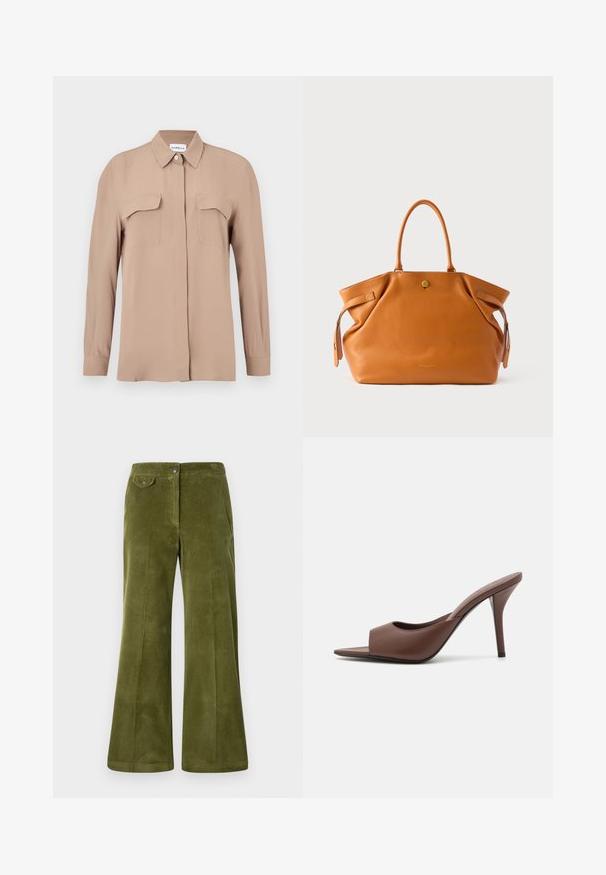 Beige pitkähihaispainikkeellinen paita kevyestä kankaasta. Siinä on kaksi rintataskua ja klassinen kaulus, suora leikkaus ja minimalistinen muotoilu.; Olivinvihreät sametista valmistetut leveälahkeiset housut, joissa on sileä pintakuvio, etutaskut ja edessä nappikiinnitys. Pystysuuntainen ribbikuvio koko matkalta.; Ruskean nahkakengät, joissa on avonainen varvas, korkea kanta ja tyylikäs muotoilu. Kengissä on leveä etuhihna ja hoikka stiletto-korko.; Tummanruskea nahkainen olkalaukku, jossa kaksi tukevia kahvaa, vetoketjullinen yläosa ja sivukoristeet. Pinnassa on tekstuuri, ja edessä on kullanvärinen embleemi.; Pari epämuodostuneita soikeita kultasävyisiä metallikorvakoruja, joissa on teksturoitu, hieman hakattu pinta valkoista taustaa vasten.