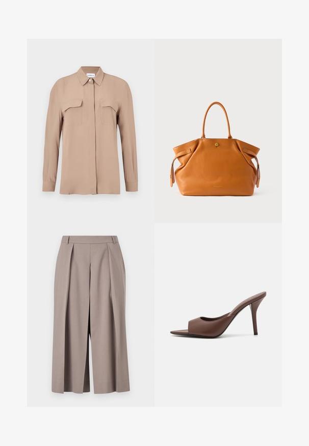 Bež košulja s dugim rukavima na kopčanje od laganog tkanja. Ima dva džepa na prsima i klasični ovratnik, s ravnim krojem i minimalističkim dizajnom.; Tiger of Sweden MALIAS - Kratke hlače - mole; Smeđe kožne mule s visokom potpeticom i otvorenim prstima, s elegantnim dizajnom, širokim prednjim remenom i vitkom stiletto potpeticom.; Torba za nošenje u boji brončane kože s dva čvrsta ručka, zatvaranjem na gornji patentni zatvarač i bočnim detaljima. Ima teksturiranu površinu i zlatni grb sprijeda.