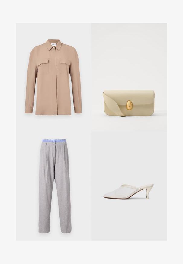 Beige pitkähihaispainikkeellinen paita kevyestä kankaasta. Siinä on kaksi rintataskua ja klassinen kaulus, suora leikkaus ja minimalistinen muotoilu.; Vaaleanharmaat pellavahousut, joissa on laskokset, sininen kuvioitu vyötärönauha, kavennettu lahjesuunnittelu ja nappikiinnitys. Sileä pinta, kevyt kangas.; Valkoinen verkkokangas teräväkärkinen mulu, jossa on ohut keskipituinen korko ja liukupohjainen muotoilu yksinkertaista taustaa vasten.; Beige nahka käsilaukku, jossa on sileä pinta, suorakulmainen muoto ja kultainen soikea solki. Varustettu pitkällä, säädettävällä hihnalla.
