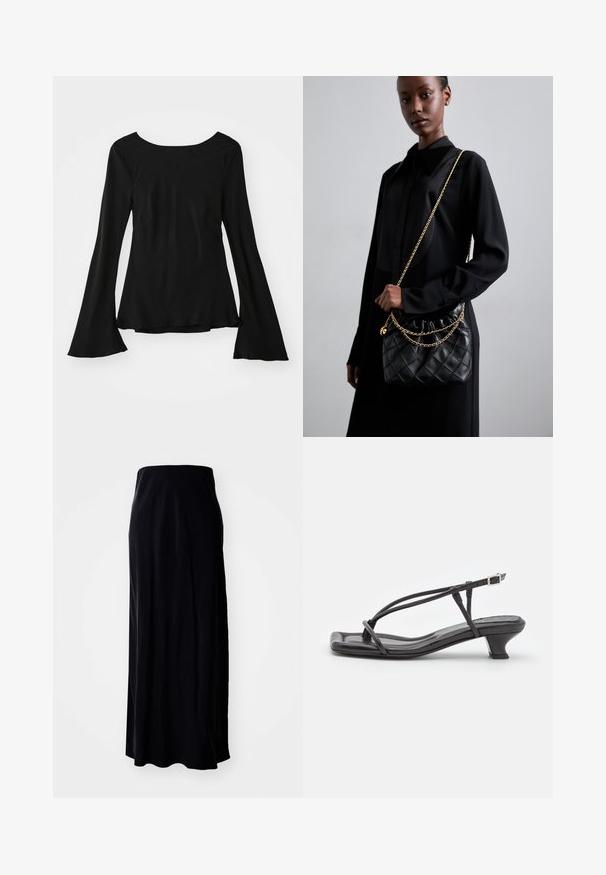 Black long-sleeve top with a scoop neckline. Features flared sleeves and a slightly loose fit. Made from a smooth, stretchy fabric.; Black maxi skirt made from soft fabric; features a straight silhouette, smooth texture, and a slightly flared hemline.; Black leather sandal with thin straps, low block heel, and square toe. Features a buckle closure and smooth texture.; Black quilted leather handbag with a gathered top, gold chain strap, and a rectangular shape, held against a plain background.