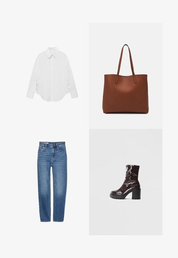 Biela košeľa s dlhým rukávom a klasickým golierom, zakriveným lemom a gombíkovými detailmi na rukávoch. Vyrobená z hladkej tkaniny.; Modré denimové džínsy so strihom rovného nohavice, štýlom s piatimi vreckami a vysokým pásom. Obsahujú svetlé vyblednutie a kontrastné prešívanie.; Lesklé burgundské kotníkové boty s robustním černým podpatkem, s hladkou strukturou a jednoduchým designem. Bez viditelných zapínání nebo vzorů.; Hnedá kožená taška na rameno s hladkou textúrou, otvoreným vrchom a dvoma ramenými popruhmi. Má minimálne šitia a žiadne viditeľné kovania.