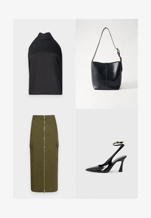 Schwarzes Halftertop aus glattem Stoff, mit hohem Kragen und lockerer Passform, ohne sichtbare Verschlüsse oder Verzierungen.; Olivenfarbener Cargo-Rock aus Baumwollmischung, mit einem zentralen Reißverschluss und zwei seitlichen Taschen für zusätzlichen Nutzen.; Schwarze Lackleder-Slingbacks mit spitz zulaufender Zehenpartie, verstellbarem Knöchelriemen und moderatem Blockabsatz. Glatte Textur mit glänzender Oberfläche.; Schwarze Leder-Schultertasche mit glatter Oberfläche, ausgestattet mit einem dünnen, langen Tragegurt und einem dezenten genähten Detail in der Mitte.
