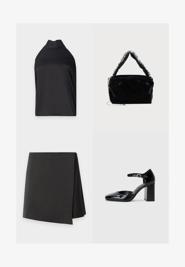Svart halterneck topp laget av glatt stoff, med høy krage og løs passform uten synlige lukkinger eller pynt.; Svart høy midje miniskjørt med asymmetrisk kant, laget av glatt stoff, har et minimalistisk design uten dekorasjoner.; Sorte lakk lær høye hæler med firkantet tå, ankelrem og chunky hæl. Inkluderer perforerte detaljer langs kanten.; Svart veske i faux lær med tekstur, med en perlet sølvdetalj langs det øverste håndtaket og en kjede-rem.