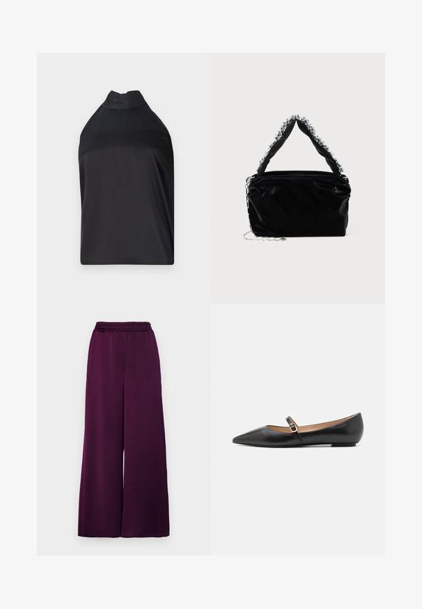 Melns halter top no gludas auduma, ar augstu apkakli un brīvu piegriezumu, bez redzamām aizdarem vai rotājumiem.; MAX&Co. ACRUX - Auduma bikses - most; Melnas ādas baleta kurpes ar norādīto pirkstu un sānu siksniņu, kurai ir apaļš zelta akcents. Vieglas ar plakanu zoli.; Melnā mākslīgās ādas rokassomu ar teksturētu apdari, kas piedāvā pērlītēm rotātu sudraba akcentu augšējā rokturī un ķēdes siksnu.