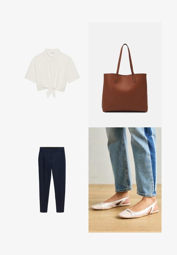 Šviesiai bežinė lininė marškinėlė su trumpomis rankovėmis, trumpomis rankovėmis, su mygtukų užsegimu ir raišteliu prie apatinės dalies. Lygus paviršius su klasikiniu apykakle.; Jūrų mėlynos siuvinėtos kelnės su diržo kilpomis, šoninėmis kišenėmis ir priekiniu raukšlumu, sukurtos lieknam siluetui.; Šviesiai rožiniai slingback baleto bateliai su smailiu pirštu, pagaminti iš lygios odai panašios medžiagos. Yra išpjovimų detalės šonuose ir plokščias kulnas.; Ruda odinė priekabų krepšys su glotnia tekstūra, atviru viršumi ir dviem petnešomis. Su minimalia siuvimo detalėmis ir nematoma aparatūra.