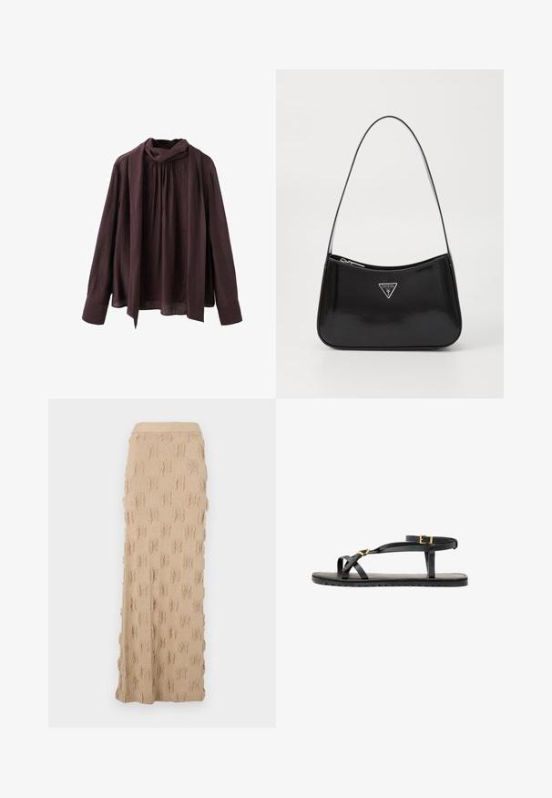 Dunkelbraune Langarmbluse mit gerafftem Ausschnitt und angebundenem langen Schal-Detail, aus leichtem strukturiertem Stoff gefertigt.; Beige gestrickter Maxikleidrock mit einem strukturierten Muster und fransigen Akzenten sowie einem gerippten Taillenbund. Glattes und flexibles Material.; Schwarze Ledersandalen mit dünnen Riemen und einem geschnallten Knöchelriemen. Flache Sohle mit texturiertem Finish und Zickzackkante. Minimalistisches Design.; Schwarze patentierte Leder-Schultertasche mit geschwungener Form, ausgestattet mit einem silbernen Dreieckslogo und einem Reißverschluss. Glatte Textur und schmaler Riemen.