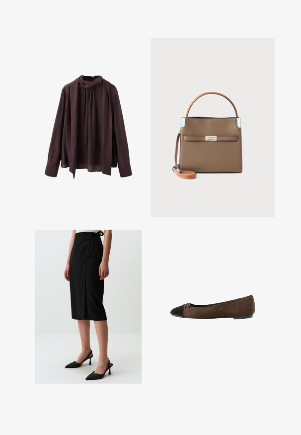 Blusa a maniche lunghe marrone scuro con scollatura arricciata e dettaglio di sciarpa lungo attaccato, realizzata in un tessuto leggero e testurizzato.; Gonna nera fino al ginocchio con un design avvolgente, realizzata in tessuto testurizzato, con una cravatta laterale. Abbinata a decolté nere a punta.; Ballerine in suede marrone con cappuccio nero e piccolo dettaglio a fiocco, tacco basso e bordo elasticizzato intorno all'apertura.; Borsa a tracolla in pelle marrone con un design strutturato, manico arancione, accessori in argento e una tasca frontale con chiusura a ganci.