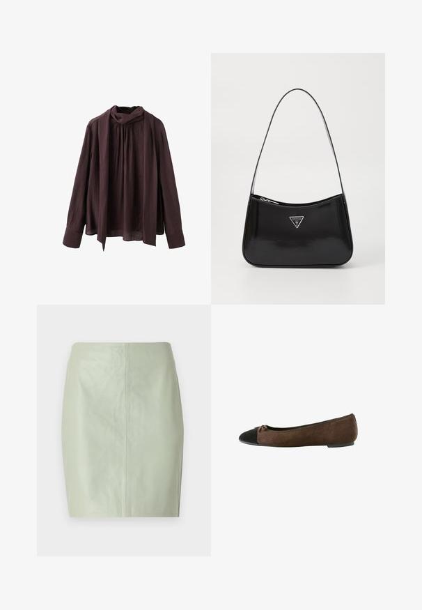 Dunkelbraune Langarmbluse mit gerafftem Ausschnitt und angebundenem langen Schal-Detail, aus leichtem strukturiertem Stoff gefertigt.; Mintgrüner Leder-Minirock mit glatter Textur, taillierter Passform und einer mittigen Naht, die vertikal auf der Rückseite verläuft.; Braune Wildleder-Ballettschuhe mit schwarzer Zehenkappe und kleiner Schleifendetail, niedriger Absatz und elastischem Besatz am Ausschnitt.; Schwarze patentierte Leder-Schultertasche mit geschwungener Form, ausgestattet mit einem silbernen Dreieckslogo und einem Reißverschluss. Glatte Textur und schmaler Riemen.