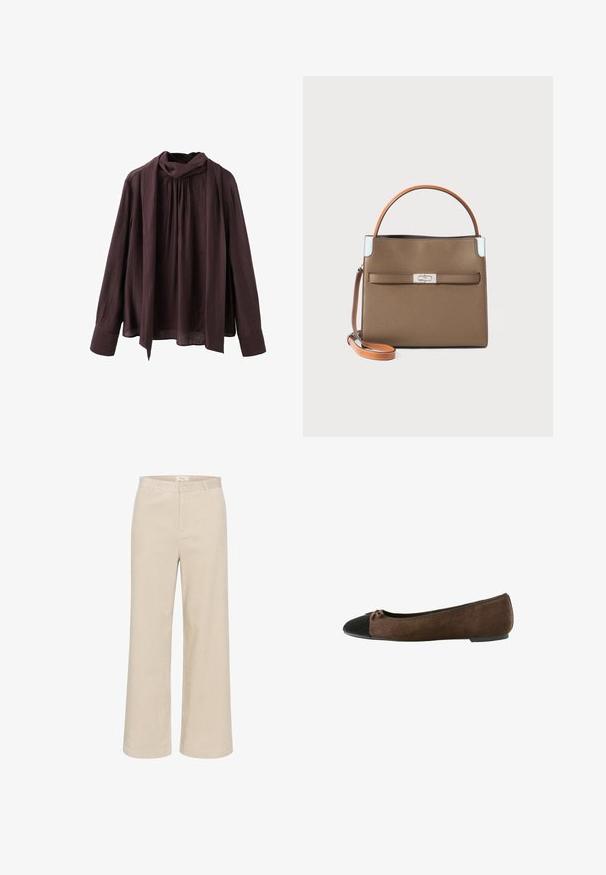 Temno rjava bluza z dolgimi rokavi z nabranim ovratnikom in pritrjeno dolgo šalom, narejena iz lahkega teksturiranega materiala.; Bež hlače s širokimi nogavicami iz kordovine, ki imajo subtilno rebrasto teksturo, zankice za pas, sprednji zadrgo in dva stranska žepa.; Rjavi semiš baletni čevelj z črno kapico in majhno pentljo, nizka peta in elastičen trak okoli odprtine.; Rjava usnjena torbica s strukturiranim dizajnom, oranžnim ročajem, srebrnim okovjem in sprednjim žepom, ki ima zaklepni mehanizem.