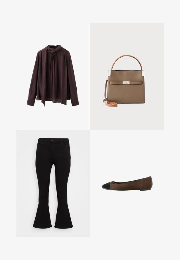 Donkerbruine blouse met lange mouwen, met een geplooide halslijn en een aangehechte lange sjaaldetail, gemaakt van lichtgewicht textuurstof.; Zwarte flared jeans met een aansluitende taille, standaard vijfzakdesign en een soepele denimtextuur met een subtiele stretch.; Bruine suède balletflat met zwarte neuskap en een klein strikdetail, lage hak en elastische rand rond de opening.; Bruine leren handtas met een gestructureerd ontwerp, oranje handvat, zilveren hardware en een voorzak met een sluiting met klap.