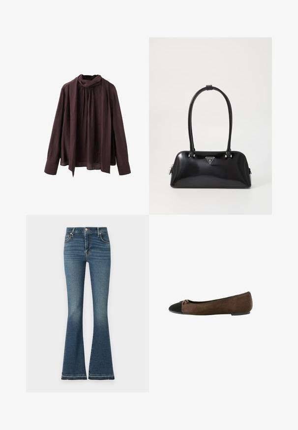 Tmavě hnědá blůza s dlouhým rukávem, s nabíraným výstřihem a připevněným dlouhým šátkovým detailem, vyrobená z lehké texturované látky.; Rozšířené džíny ve středně modrém denimu s vysokým pasem, jemným ombré efektem, pět pocket designem a viditelnými švy.; Hnědé semišové baletní flats s černou špičkou a malou mašlí, nízkým podpatkem a elastickým lemem kolem otvoru.; Černá lesklá kabelka s křivkovým siluetou, dvěma uchy a předními logovými destičkami. Zipové zapínání a lesklé kovové akcenty.