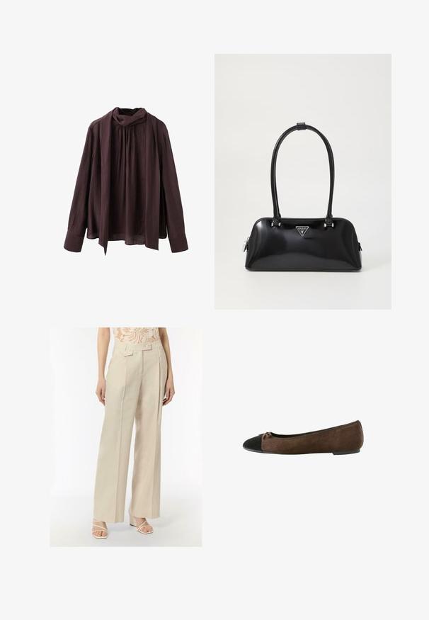 Ciemnobrązowa bluzka z długim rękawem, zebranym dekoltem i przymocowanym długim szalem, wykonana z lekkiej teksturowanej tkaniny.; Beżowe spodnie w szerokim kroju z wysokim stanem, fałdami i bocznymi kieszeniami. Wykonane z lekkiego materiału; zestawione z białymi sandałami na obcasie.; Czarne zamszowe baleriny w kolorze brązowym z czarnym czubkiem i małą kokardką, niska obcas, oraz elastyczna lamówka wokół otwarcia.; Czarna, błyszcząca torebka o zaokrąglonym kształcie, z dwoma uchwytami i przednią tabliczką logo. Zamek błyskawiczny oraz błyszczące akcenty metalowe.