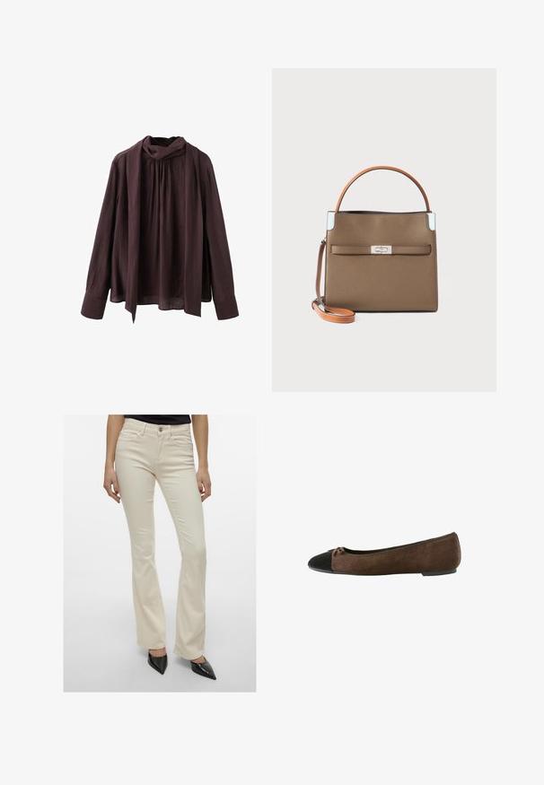 Blouse longue à manches longues de couleur marron foncé avec un col froncé et un détail de foulard long attaché, fabriquée dans un tissu texturé léger.; Pantalons évasés couleur crème en mélange de coton extensible. Présente un style classique à cinq poches et une fermeture à bouton à l'avant.; Ballerines en daim marron avec un capuchon noir et un petit nœud, talon bas et bord élastiqué autour de l'ouverture.; Sac à main en cuir marron avec un design structuré, poignée orange, quincaillerie en argent et une poche avant avec fermeture à clapet.